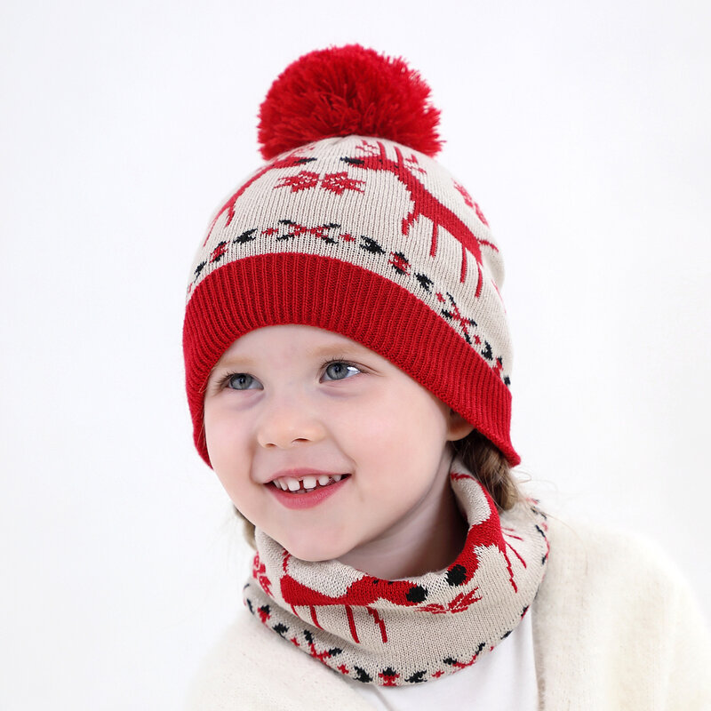 Children's Winter Warm Knitted Scarf Beanies Hat Set Kids Thick Wool Christmas Fawn Cap Neck Collar Xmas Gift For Baby Girl Boy