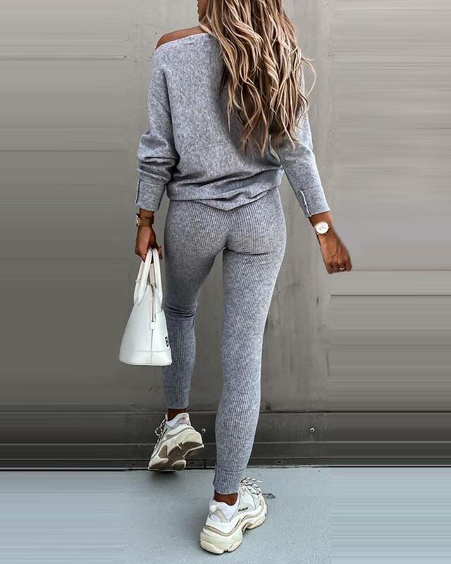 2020 odzież sportowa moda damska Casual Solid Top z jednym ramieniem zestaw długich spodni z długim rękawem wysokie wiązanie w pasie spodnie zestaw