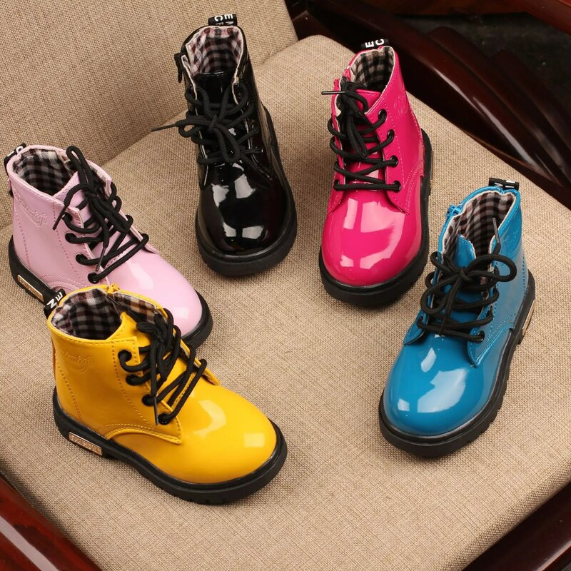 New Children Martin Boots Bright Skin Waterproof Motorcycle Boots Winter Kids Snow Boots Brand Girls Princess Shoes Rubber Boots