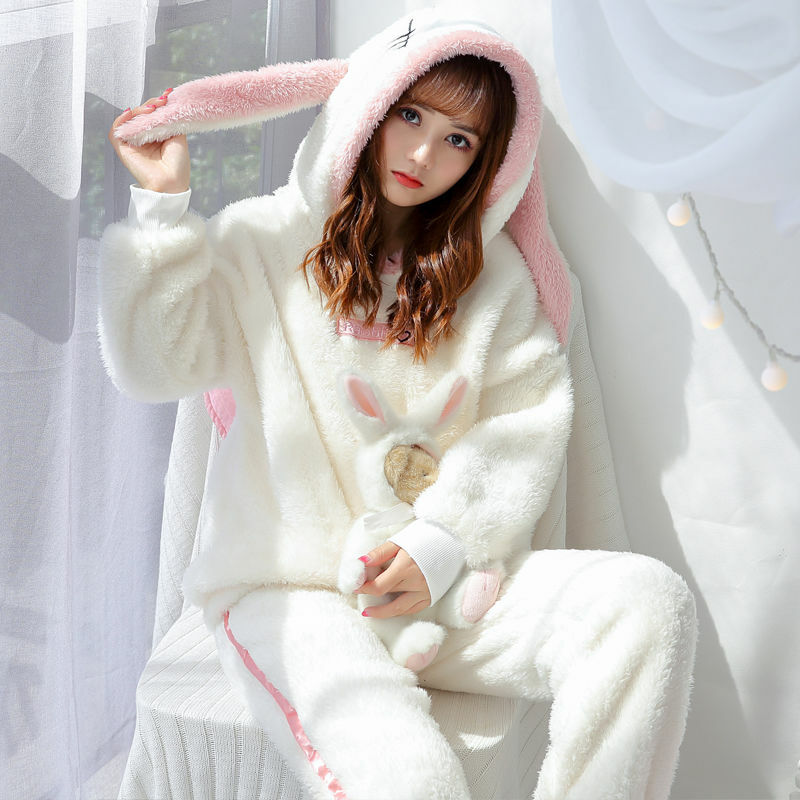 Conjunto de pijamas de Invierno para mujer, ropa de dormir de manga larga, cálida, suave, con bonitos animales, 2 unidades