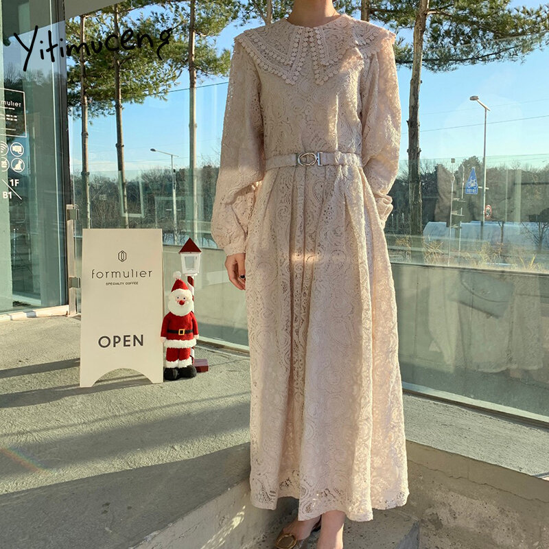 Yitimuceng-vestidos de encaje con fajas para mujer, Vestido largo de moda Coreana de manga larga para oficina, color gris albaricoque, primavera 2021