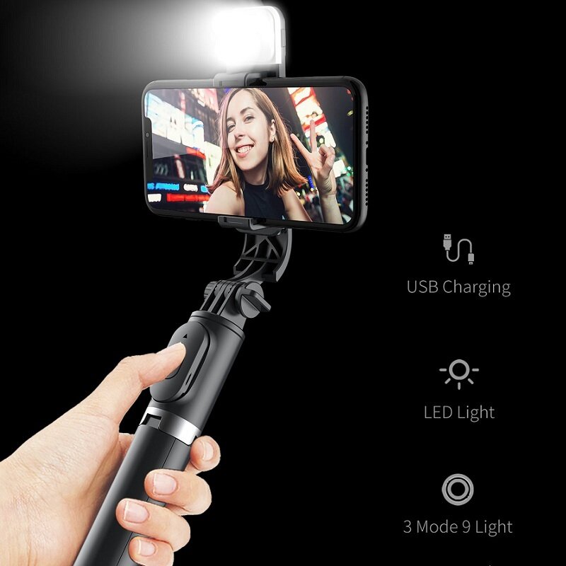 Mini treppiede pieghevole senza fili bluetooth selfie stick con luce di riempimento otturatore telecomando selfie stick per IOS Android