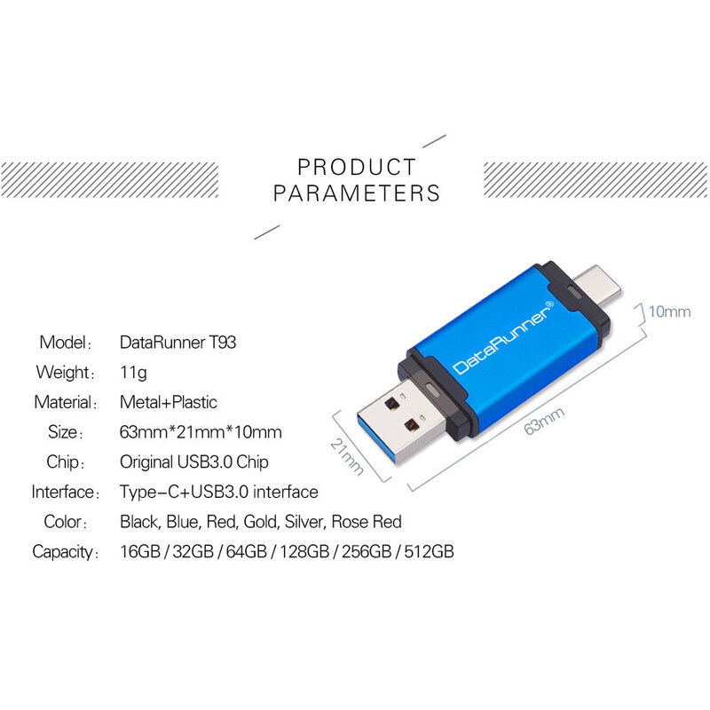 USB флеш-накопитель DataRunner 2 в 1, USB 3,0 и TYPE C, флеш-накопитель, 512 ГБ, 256 ГБ, 128 ГБ, 64 ГБ, 32 ГБ, высокоскоростная Флешка USB 3,0
