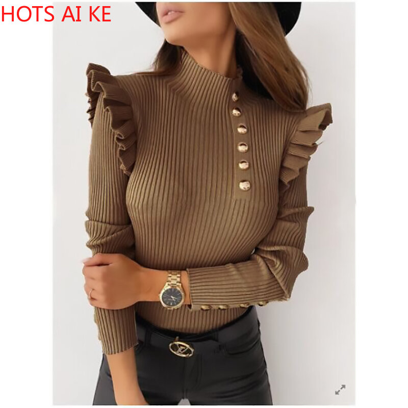 Hot Sale In Autumn And Winter Europe With America New Style Ladies Ruffled Long-Sleeved Button Blouse Bottoming  Women