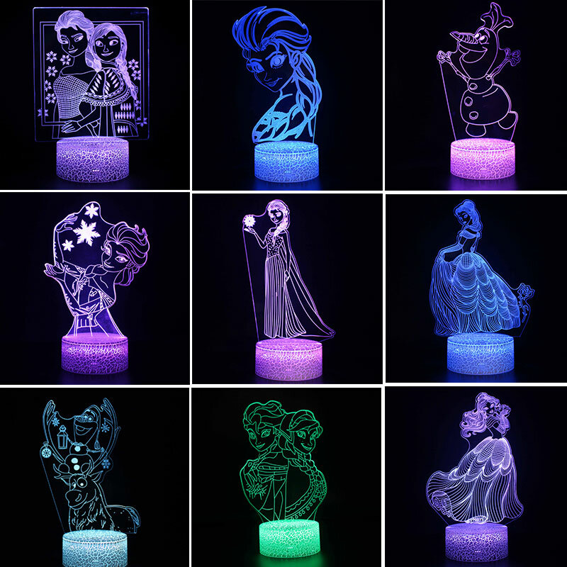 Disney-Luz LED de noche para niños, 3D lámpara de mesa de ilusión, princesa Frozen, Reina, Elsa, Anna, Animal lindo Olfa Sven, regalos de navidad