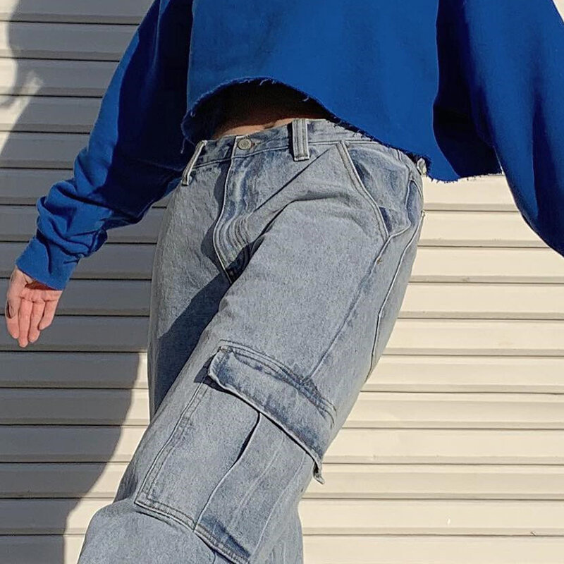 DIFIUPAI Jeans Wanita Celana Denim Baggy Lurus Saku Besar Celana Panjang Wanita Lebar Pinggang Tinggi Celana Kargo Longgar Kasual Celana Panjang