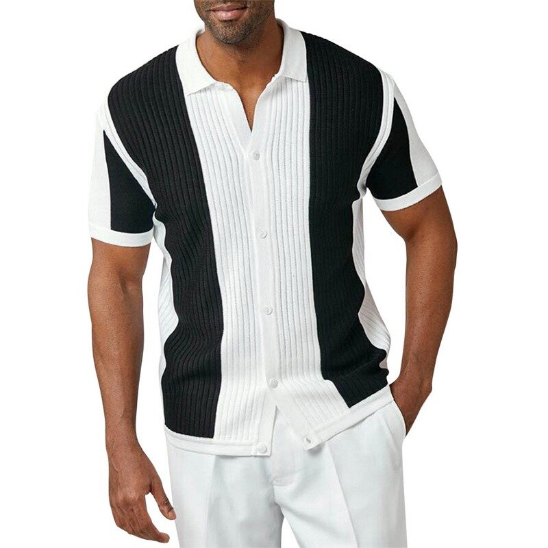 Camisa de punto de retales Vintage para hombre, camisas de manga corta sueltas informales, Tops de solapa abotonados, ropa de calle de moda de verano, 2021