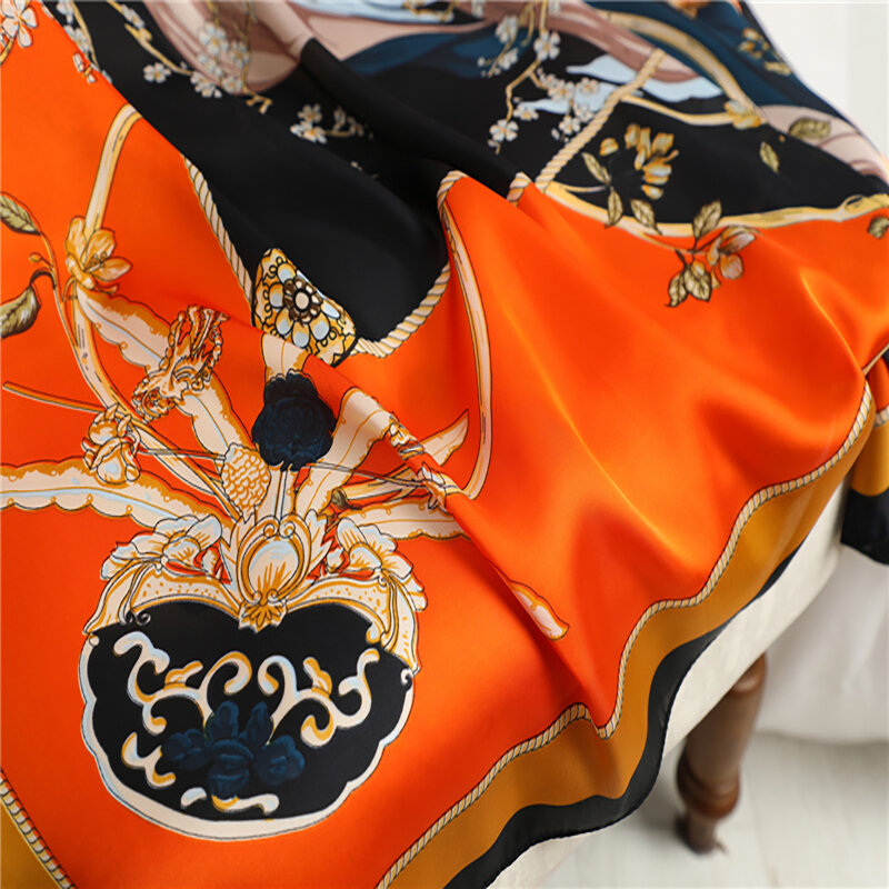 Foulard carré en Satin de soie imprimé pour femme, Bandana, marque de luxe, 90x90cm