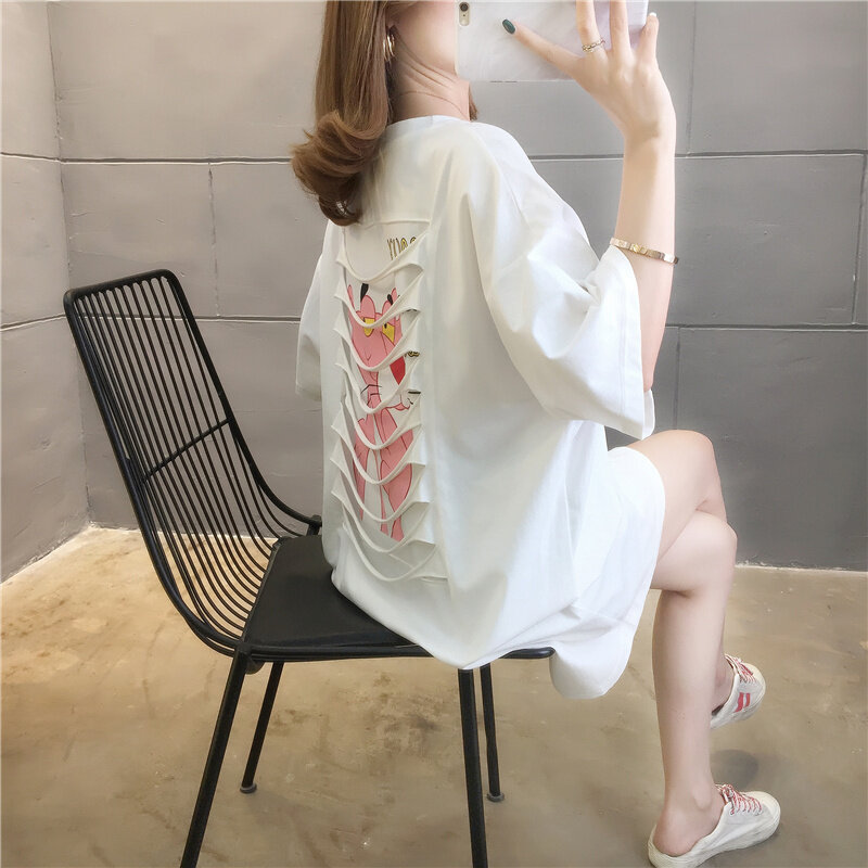 Kywommnz camiseta de manga curta feminina, estampa de desenho animado moda urbana folgada, camiseta de manga de cinco pontos verão 2021 e2427