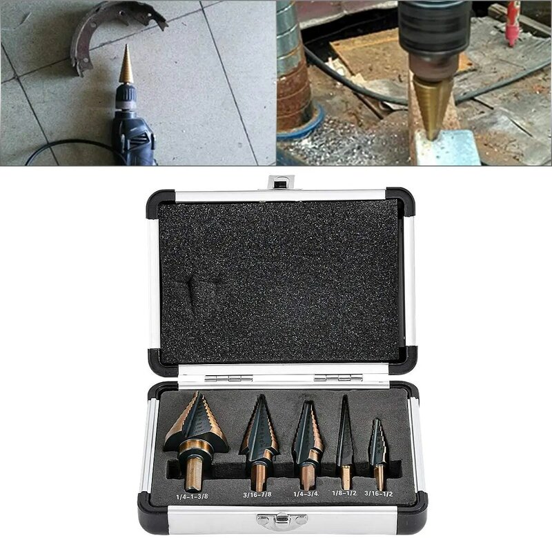 Step Drill Bits 5PCS HSS Cobalt Titanium Step Drill Bits Multiple Hole 50 Sizes High Speed Steel Drill Bits with Carrying Case