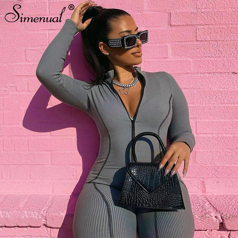 Simenual Fitness Sporty Active Wear Rompers Womens Jumpsuit Zipper Fashion Casual Workout Athleisure Long Sleeve Jumpsuits Push