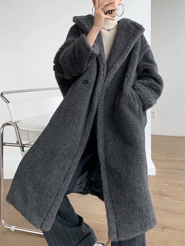 Женское пальто из натуральной шерсти с мишкой Тедди, Женское пальто, утепленное, большого размера, ванильно-табачное синее пальто, женское к...