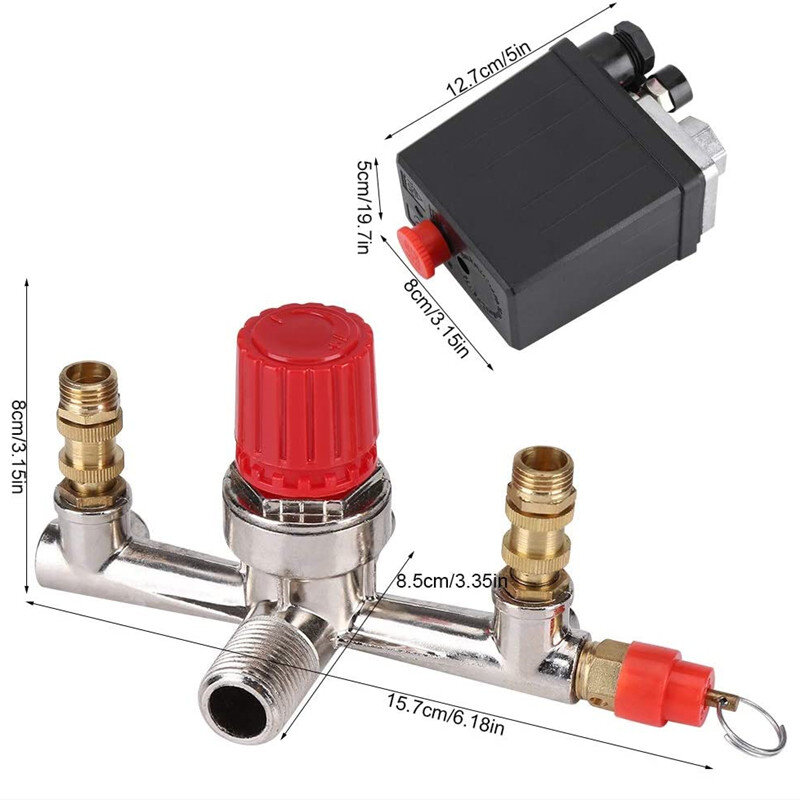 Manómetros reguladores de alivio del colector del interruptor de la válvula de presión del compresor de aire, soporte de aleación de aluminio, 90-120PSI, 230-220V