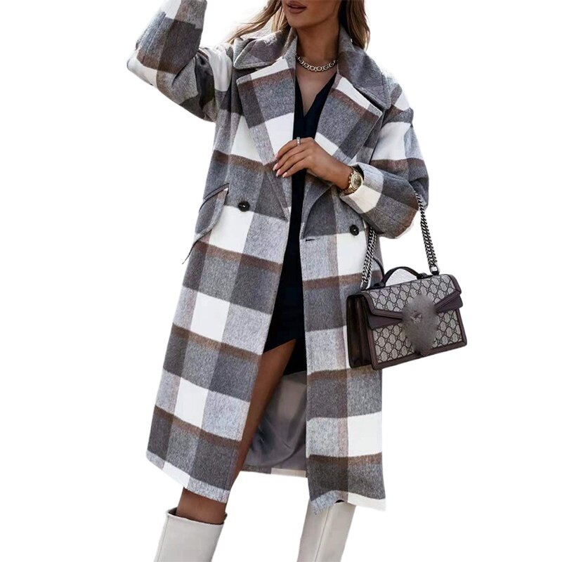 턴 다운 칼라 더블 브레스트 모직 코트 2021 새로운 패션 우아한 숙녀는 격자 무늬 긴 소매 겉옷 가을 겨울을 Overcoats