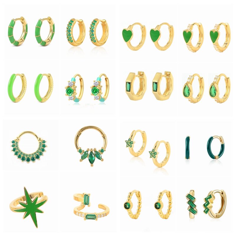 Женские серьги-кольца из серебра 2021 пробы с зелеными эмалью