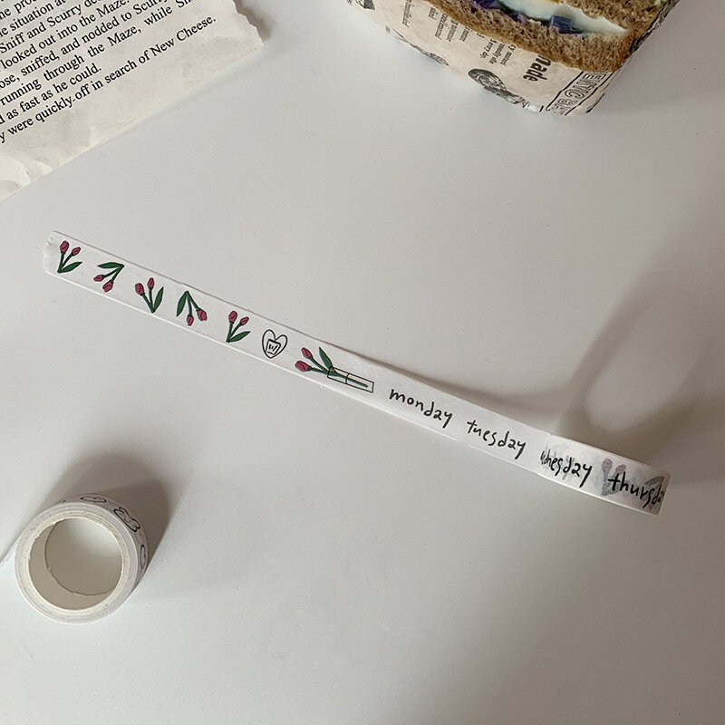 Sandroid-튤립 및 종이 테이프, 주간 계정 스티커, 카와이 씰 스티커, 간결한 흑백 시리즈