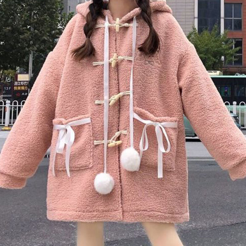 Mantel Buatan Wanita Lucu Kawaii Lolita Kardigan Musim Dingin Berkerudung Mantel Lambswool Pelajar Korea Longgar Pakaian Katun Empuk Baru