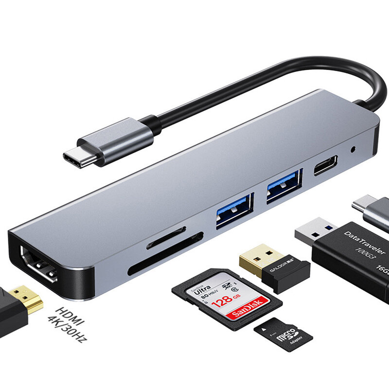 Loại C Hub Đa Năng 4K HD Xách Tay USB 6-Trong 1 Đế Cài
