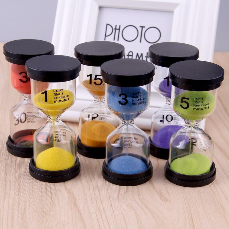 6pcs 모래 시계 1 & 3 & 5 & 10 & 15 & 30 분 모래 시계 타이머 호의 소품에 대 한 모래 시계 요리 홈 장식 어린이 선물 임의의 색상
