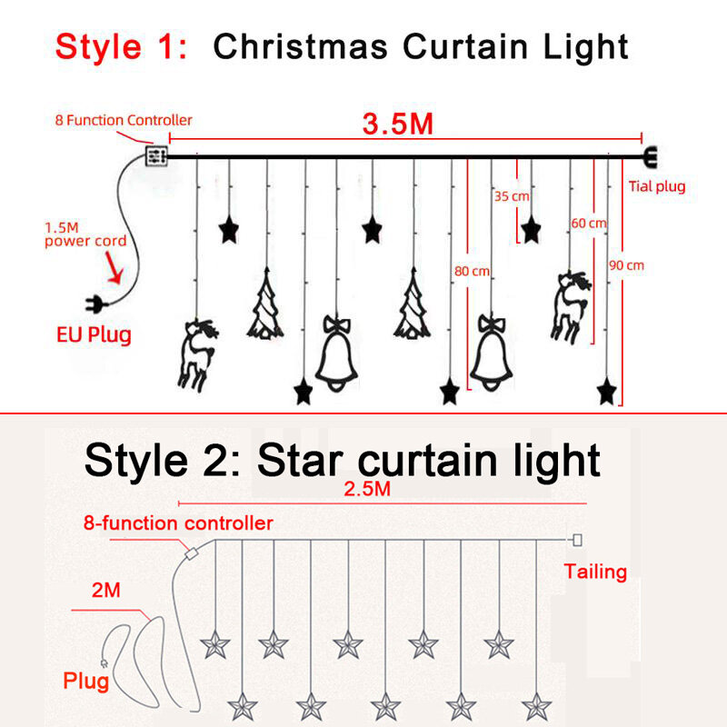 Luzes de natal led 3.5m cortina luz guirlanda estrela sinos decoração para casa 220v luzes de fadas ao ar livre/indoor festival luz da corda
