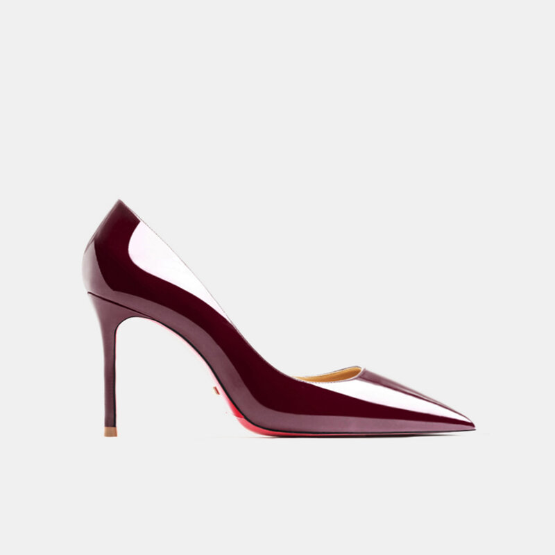 Sepatu Hak Tinggi Merah Merek Mewah Sepatu Pernikahan Seksi Ujung Lancip Sepatu Pump Wanita Kulit Asli Model Klasik Hitam Polos 8/12Cm