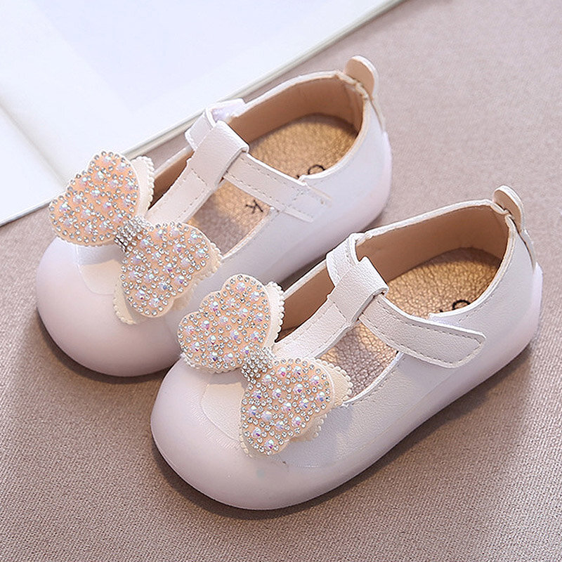 Dziewczęce buty ślubne dla nowożeńców Crystal T Strap Toddlers Bowtie Bling księżniczka buty białe dziecko dziecko dzieci antypoślizgowe buty imprezowe