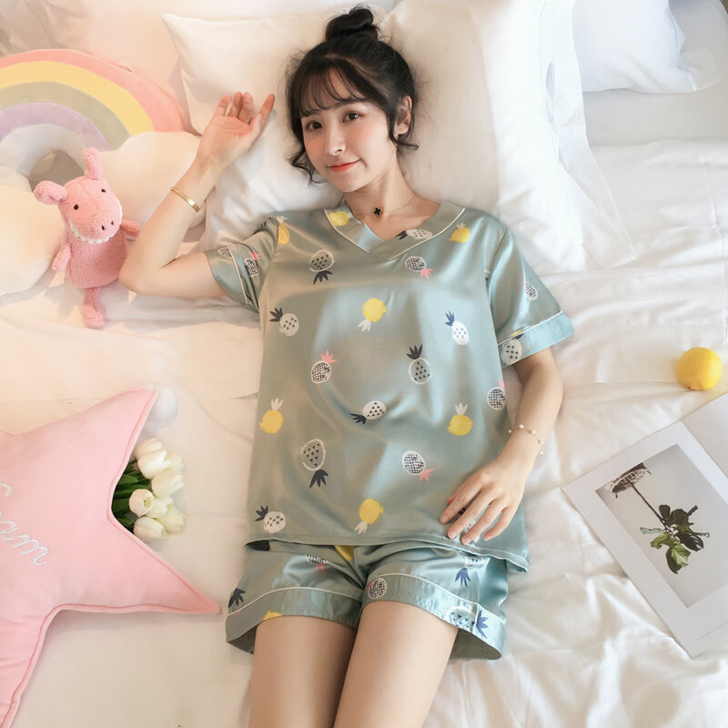Pajamas Women's Summer Ice Silk Thin Cute Deer Short Sleeve Real Silk Two-Piece Suit Student plus Size Spring and Autumn