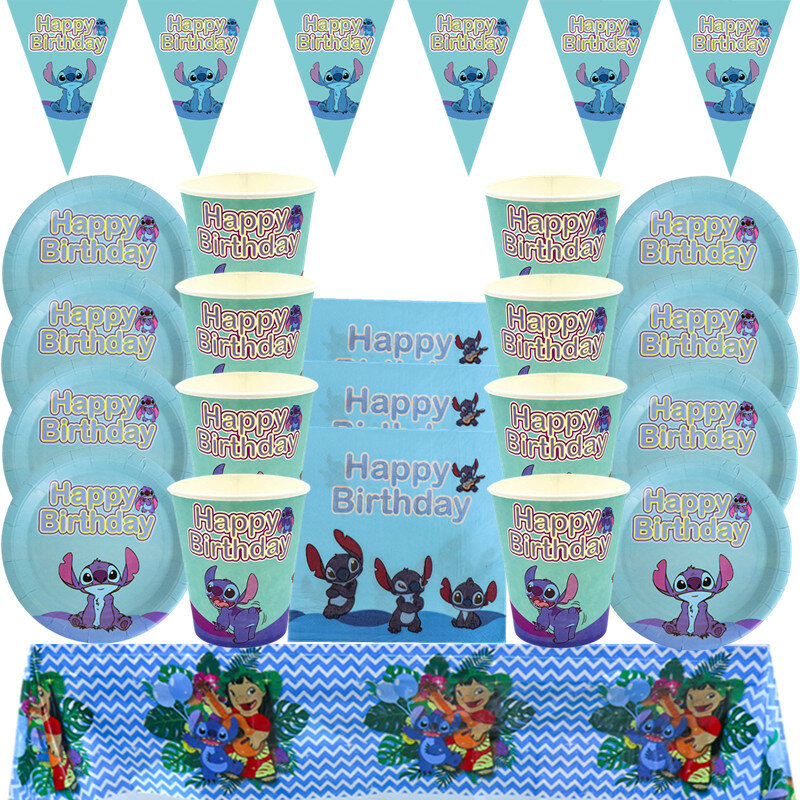 Disney Stitch Themed Birthday Party Decorations Paper Plates Cups Flag Tablecloth Disposable Tableware Set Baby Shower Supplies