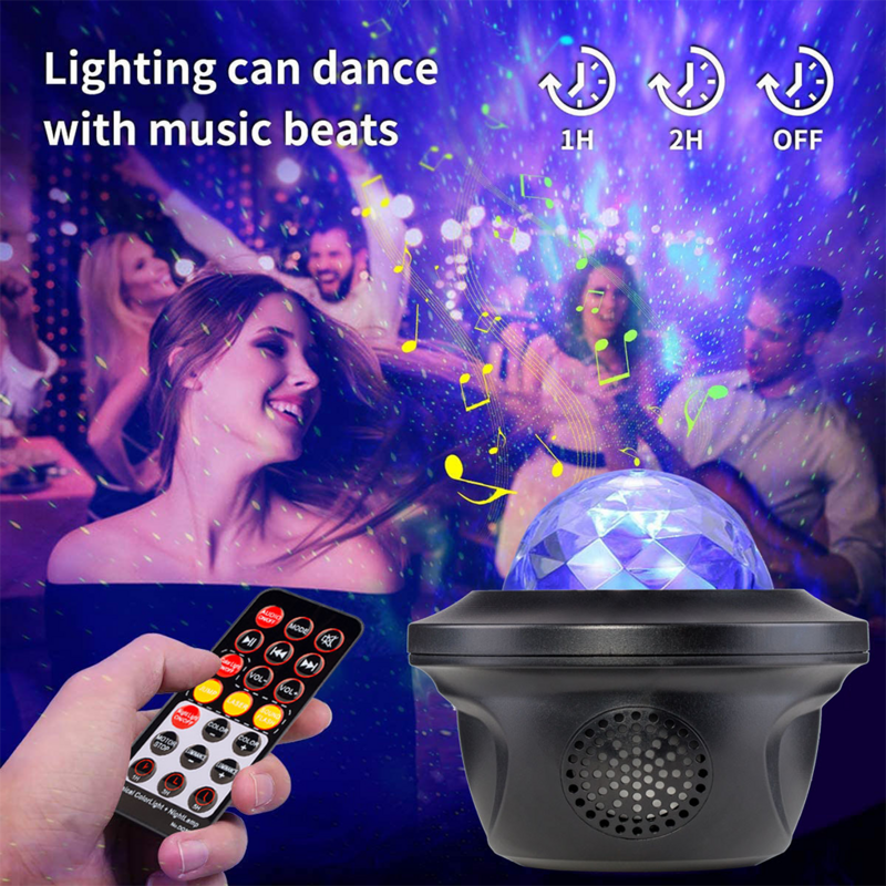Proyector de luz LED de noche con USB, compatible con Bluetooth, activación por sonido, decoración