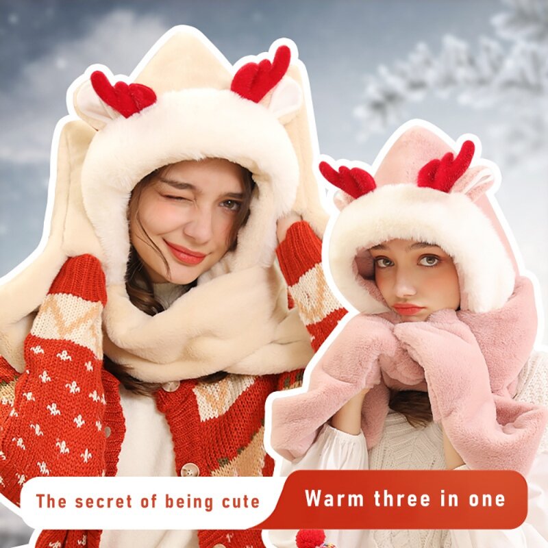 3in1 Winter Warm Antlers Hat Scarf Gloves Cute Plush Windproof All-Matching Warmer Christmas Gift For Girl