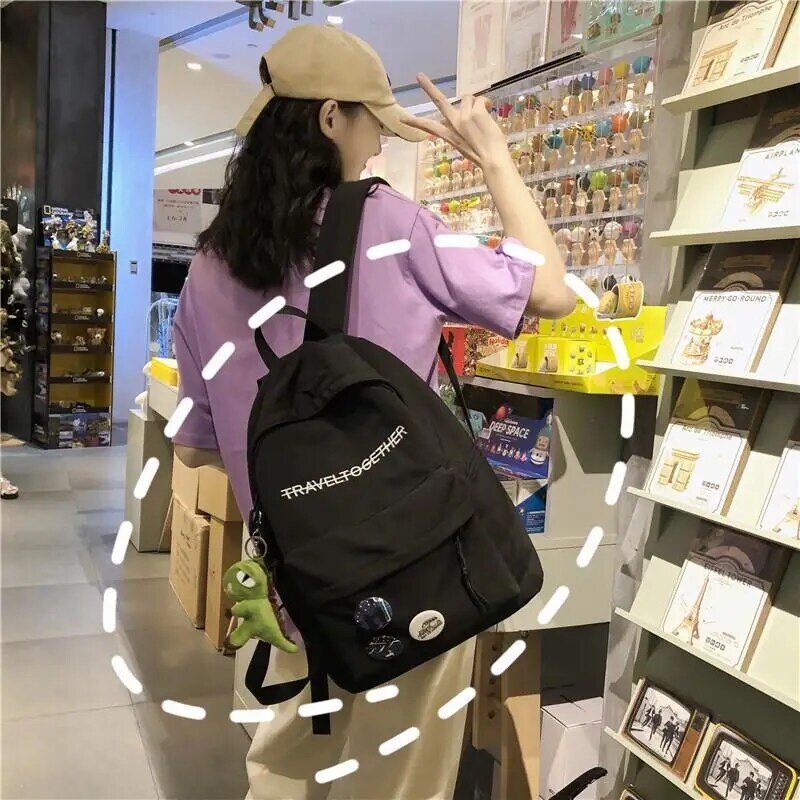 Mochila unicolor para mujer, bolso escolar de nailon resistente al agua, con hebilla a la moda, para ordenador portátil y libros, de lujo