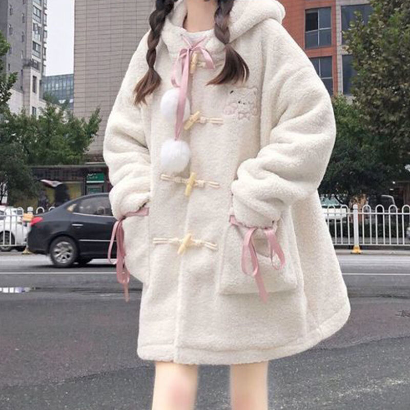 ประดิษฐ์ผู้หญิงน่ารัก Kawaii Lolita ฤดูหนาวฤดูหนาวเสื้อสเวตเตอร์ถัก Hooded Lambswool เสื้อสไตล์เกาหลีนักเรี...