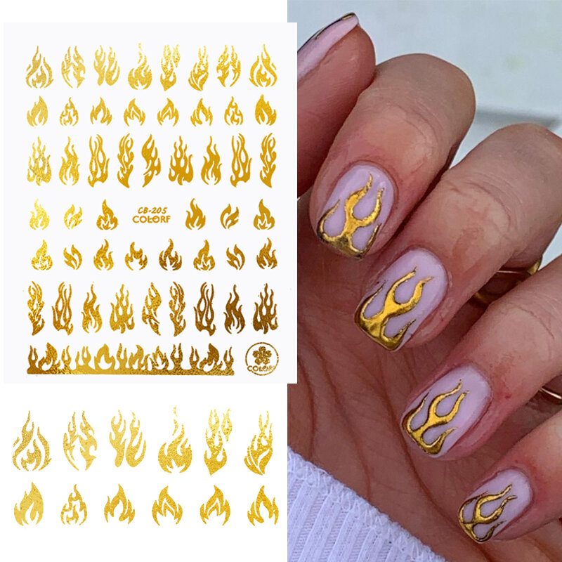 1 sztuk 3D ogień płomień paznokci naklejki złoty czarny biały holograficzne naklejki do Manicure klej suwak DIY paznokci dekoracje artystyczne narzędzia