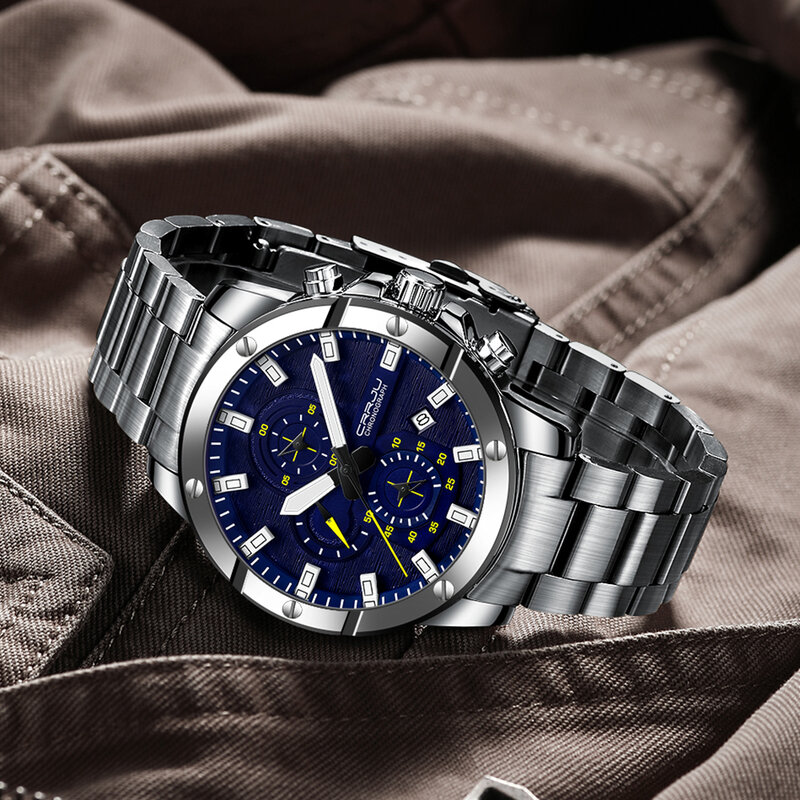 CRRJU zegarek męski kwarcowy z chronografem Luminous nowy pełny stalowy srebrny zegarek wodoodporny z datą Relogio Masculino