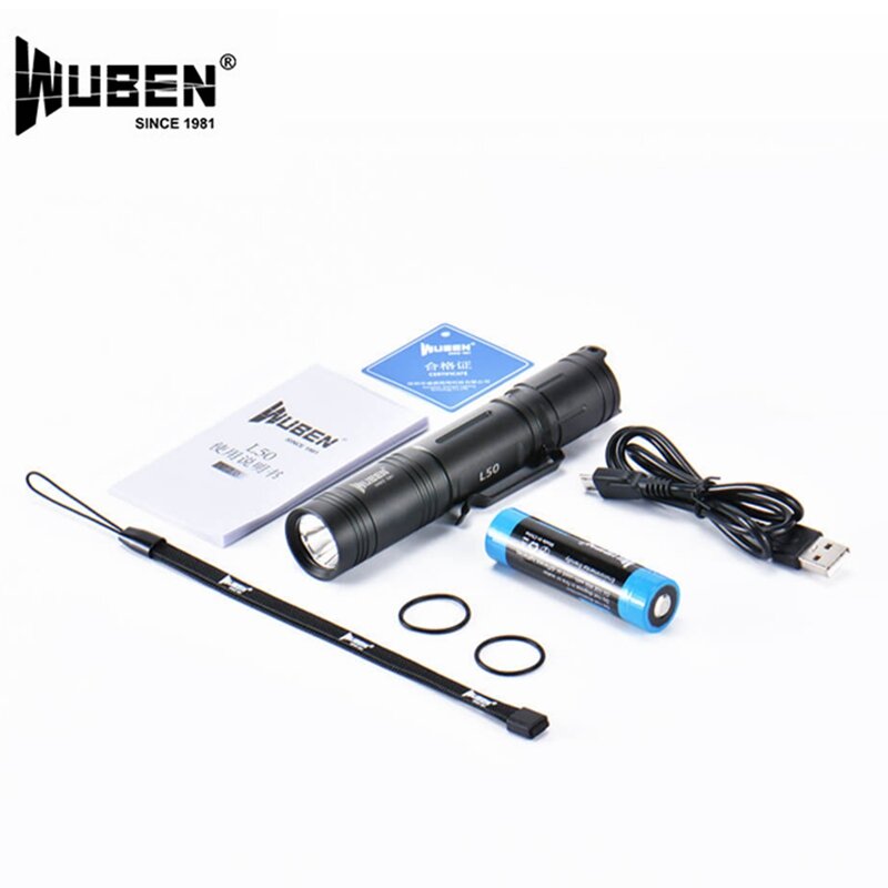 Wuben-USB付きの戦術的なマイクロUSB懐中電灯,防水,キャンプ用,1200ルーメン,18650