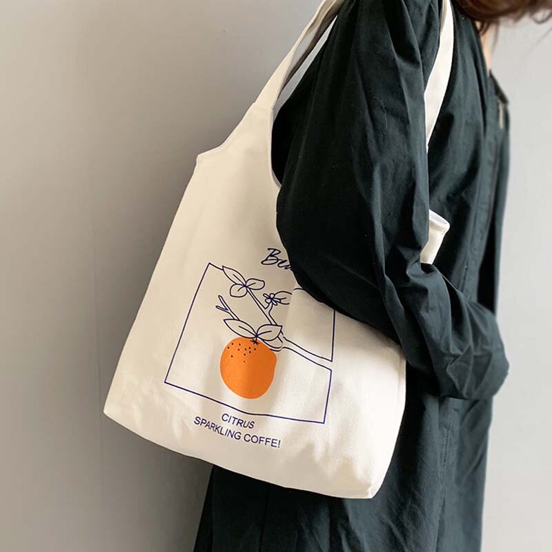 Fruit Orange Canvas Bag Girl Female Literary Japanese Student Vest Style Ins Simple Portable Printing Shoulder Bag Peach Pattern