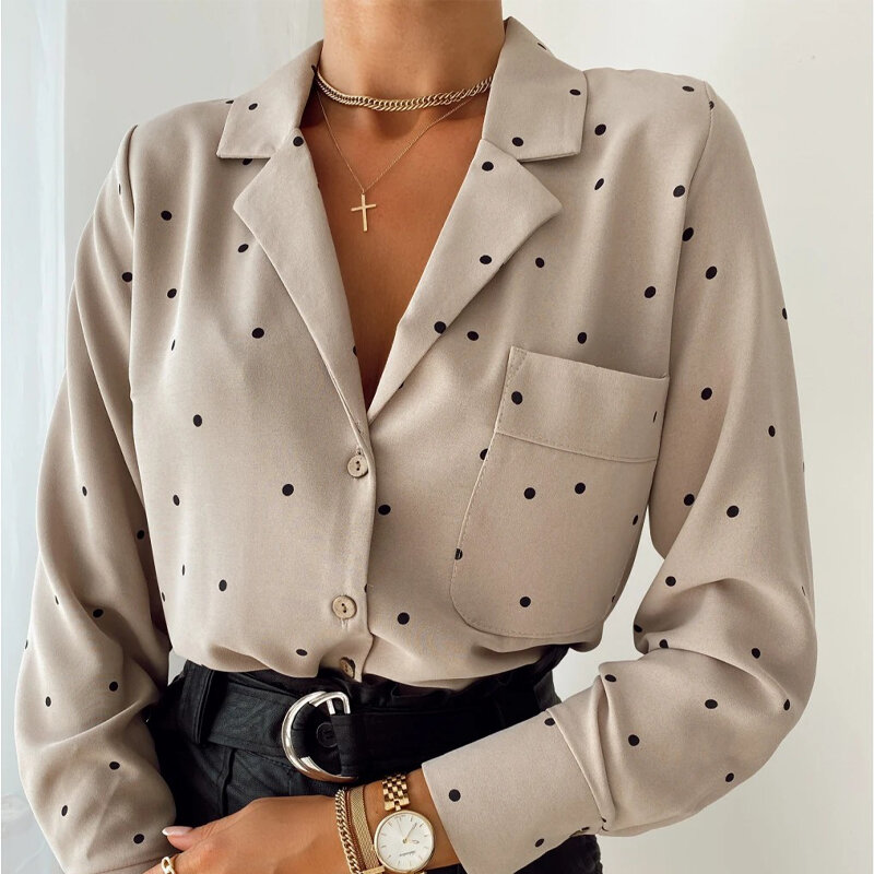 Bolsos polka dot impresso casual blusa feminina senhoras manga longa turn down collar escritório trabalho moda 2021 outono topos