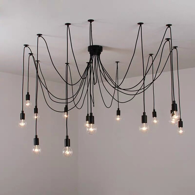 Candelabro de araña Vintage con cordón negro, múltiples lámparas colgantes decorativas Retro, accesorio de luz Industrial para Loft, cafetería, comedor