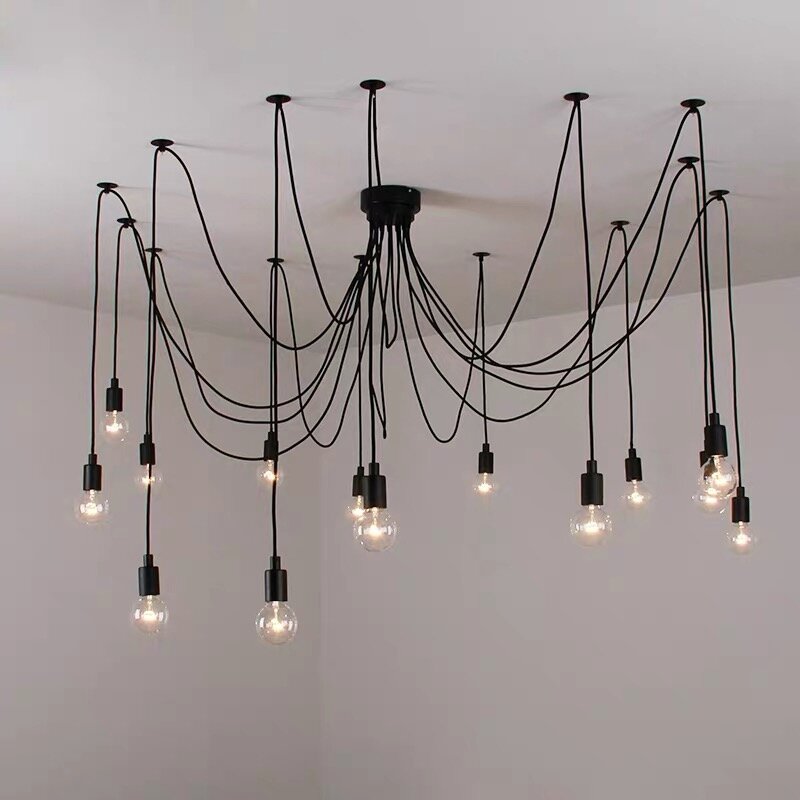 Lustre industriel en forme d'araignée avec plusieurs cordons noirs, design rétro, luminaire décoratif d'intérieur, idéal pour un Loft, un café ou une salle à manger