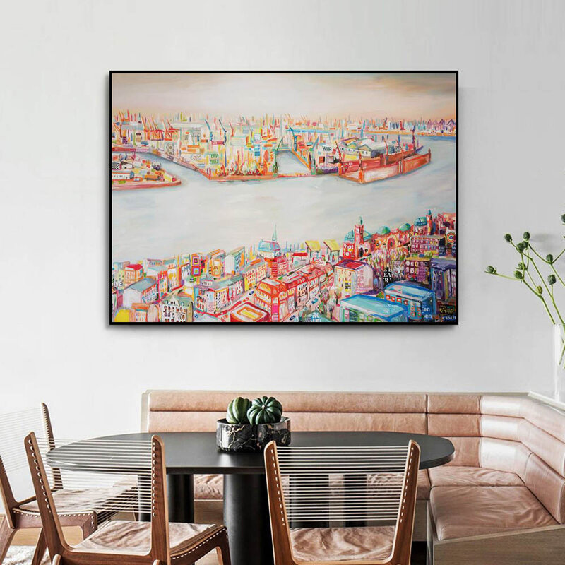 Nordic abstract art wharf landscape canvas painting ship seaside town poster office living room corridor home decoration mural