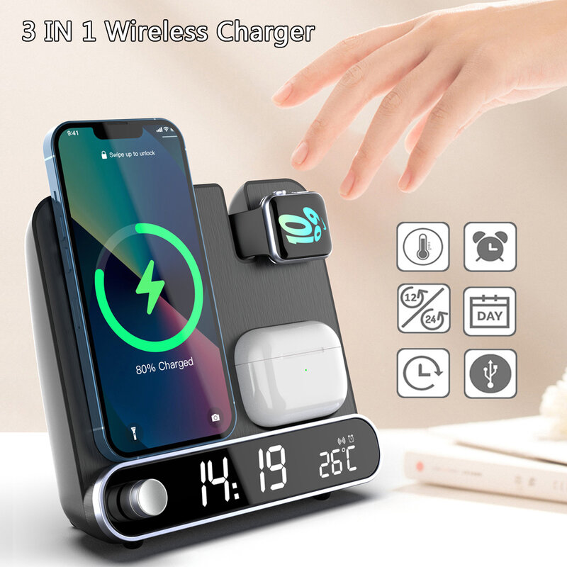 3 In 1 무선 충전기 Iphone 13 12 11 XS 미니 프로 최대 Iwatch Airpods 무선 충전기 빠른 충전 스테이션 전화 홀더