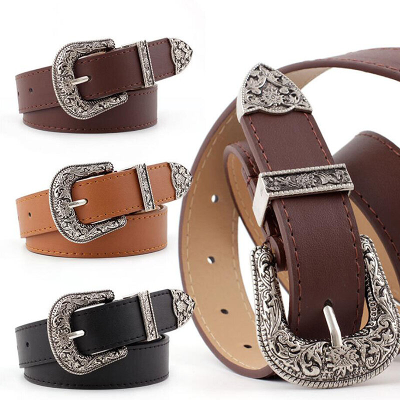 Cinturón de cuero negro para mujer, cinturón con hebilla de corazón de Metal, Estilo Vintage occidental, para Vaqueros