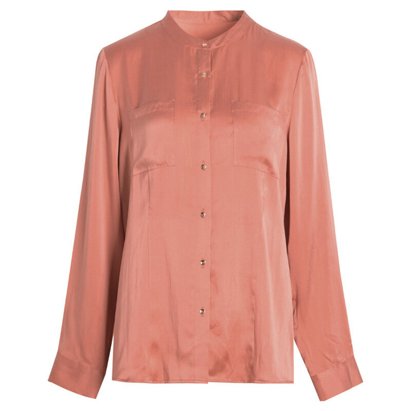 Silviye Double pocket pure color silk satin shirt women's long sleeve mulberry silk fashion collar top spring