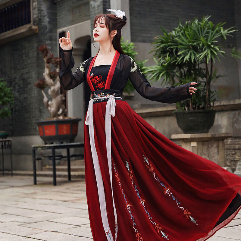 Chinese Traditioanl Clothes for Woman Fairy Folk Dance Costume Oriental Embroidery Hanfu Black and Red Stage Performance Outfit