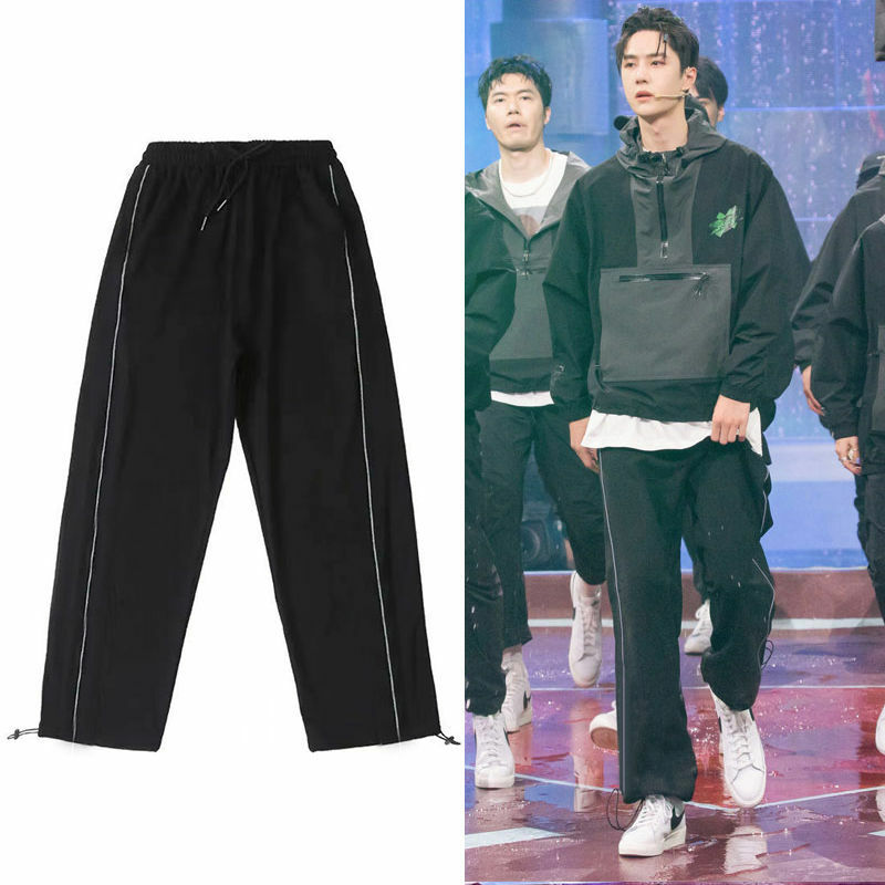 Wang Yibo-pantalones de chándal con cordón negro para correr, para correr, para primavera y otoño, sueltos, para Fitness, transpirables