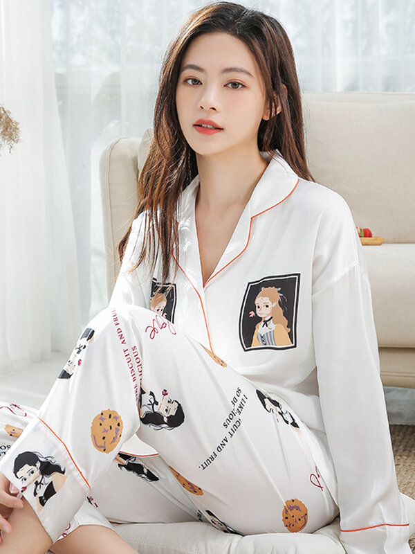 2022 Spring Women Ice Silk Pajamas Sets Printed 2 Pcs Pyjamas Femme Sleepwear High Quality Imitation Silk Pijama Mujer Homewear