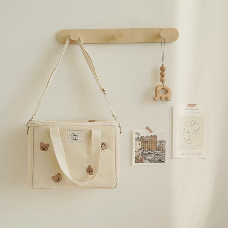 MILANCEL-bolsas de pañales con bordado de oso para mamá, lonchera con aislamiento, bolsa de tela coreana para mamá
