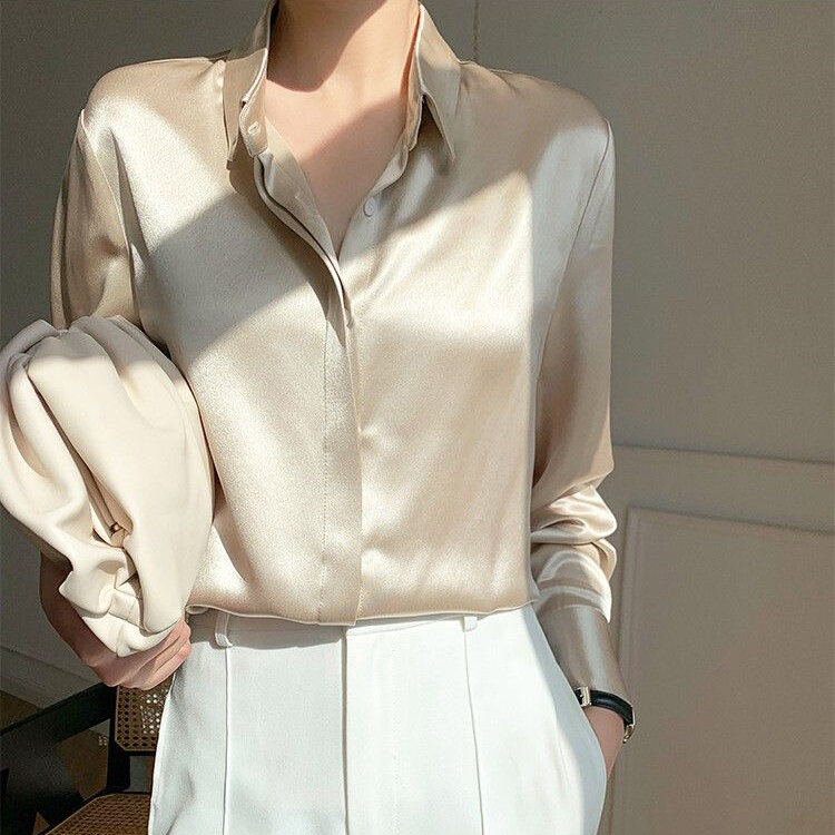 Champagne satin high-end shirt design French retro  imitation silk blouse  Silk  Silk  Full  Formal  fashion clothes woman 2020