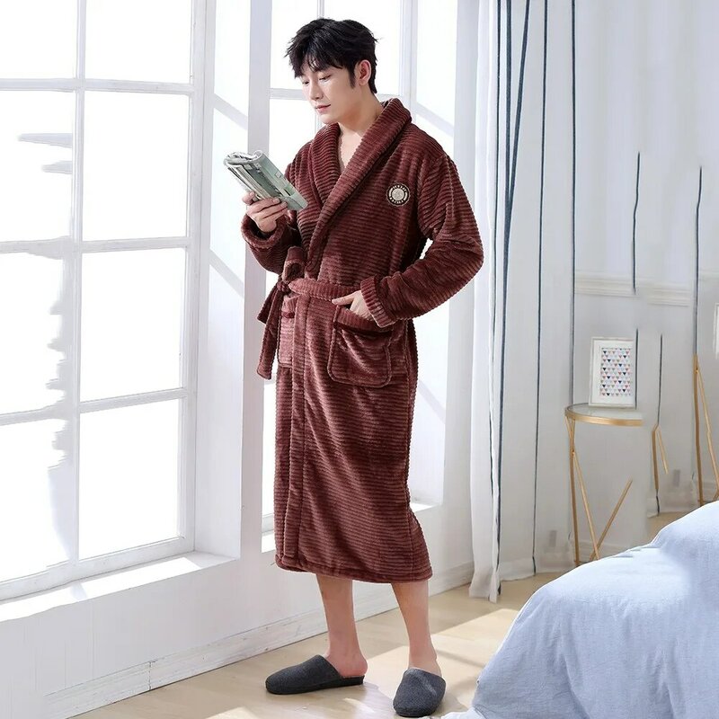 Winter Men Gown Flannel Homewear Kimono Robe Gowns Comfortable Keep Warm Sleepwear Nightwear Casual Soft Intimate Bathrobe