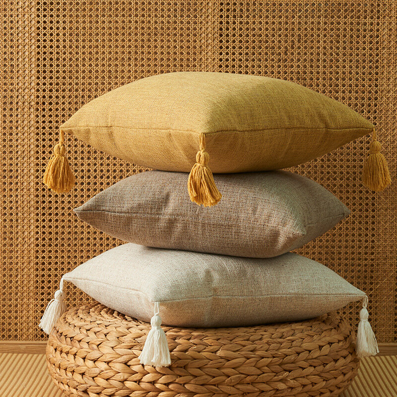 Fronhas de linho, 45*45cm, cor sólida, capa de travesseiro de lance, fronha de borla, decoração da casa